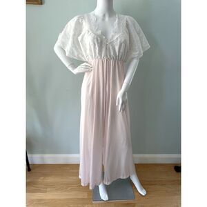 Vintage Sheer Babydoll Nightgown Dress Robe Pale Pink & White Lace size Small
